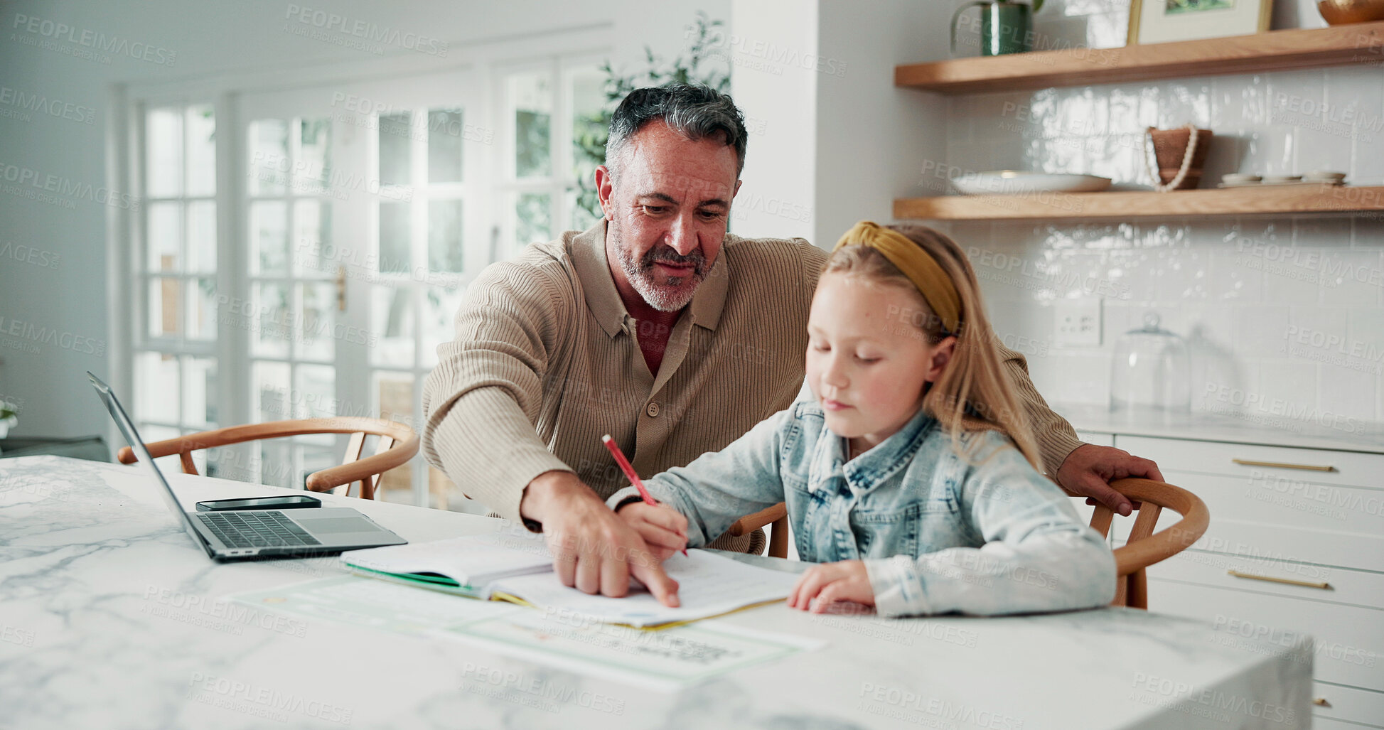 Buy stock photo Business, homework and man with daughter in home dining room for education, help or remote work. Freelance, learning or writing with girl child and single parent in apartment for development or study