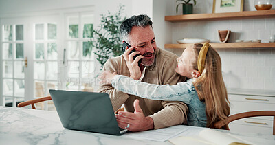Buy stock photo Businessman, hug and phone call with daughter in home dining room for love or remote work. Conversation, freelance and girl child embracing single parent in apartment for connection or security