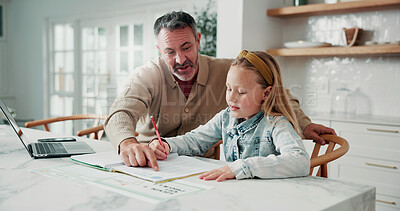Buy stock photo Business, education and man with daughter in home dining room for help, learning or remote work. Freelance, homework or pointing with father and girl child in apartment for development or study