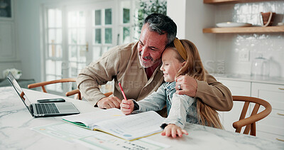 Buy stock photo Business, learning and man hugging daughter in home dining room for education, help or remote work. Embrace, freelance or homework with girl child and parent in apartment for development or study