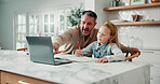 Businessman, laptop and learning with girl in home dining room for education, help or remote work. Computer, homework and single parent with daughter in apartment for development, freelance or study