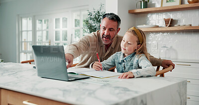 Buy stock photo Businessman, laptop and learning with girl in home dining room for education, help or remote work. Computer, homework and single parent with daughter in apartment for development, freelance or study