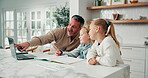 Dad, pointing and laptop with children in home for online learning, course or homework together. Father, kids or siblings with computer or notebook for tutoring, teaching or homeschooling in house