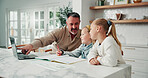 Dad, teaching and laptop with children in home for online learning, course or homework together. Father, kids or siblings with computer or notebook for tutoring, development or homeschooling in house