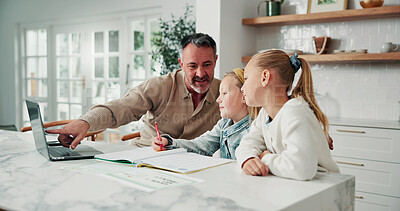 Buy stock photo Dad, teaching and laptop with children in home for online learning, course or homework together. Father, kids or siblings with computer or notebook for tutoring, development or homeschooling in house