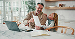 Business, documents and man with daughter in home dining room for pride, remote work or report. Freelance, homework or paper with girl child and single parent in apartment for development or results