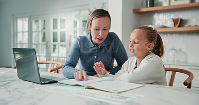 Buy stock photo Business, homework and mother with daughter in home dining room for education, help or remote work. Freelance, learning or pointing with girl child and parent in apartment for development or study