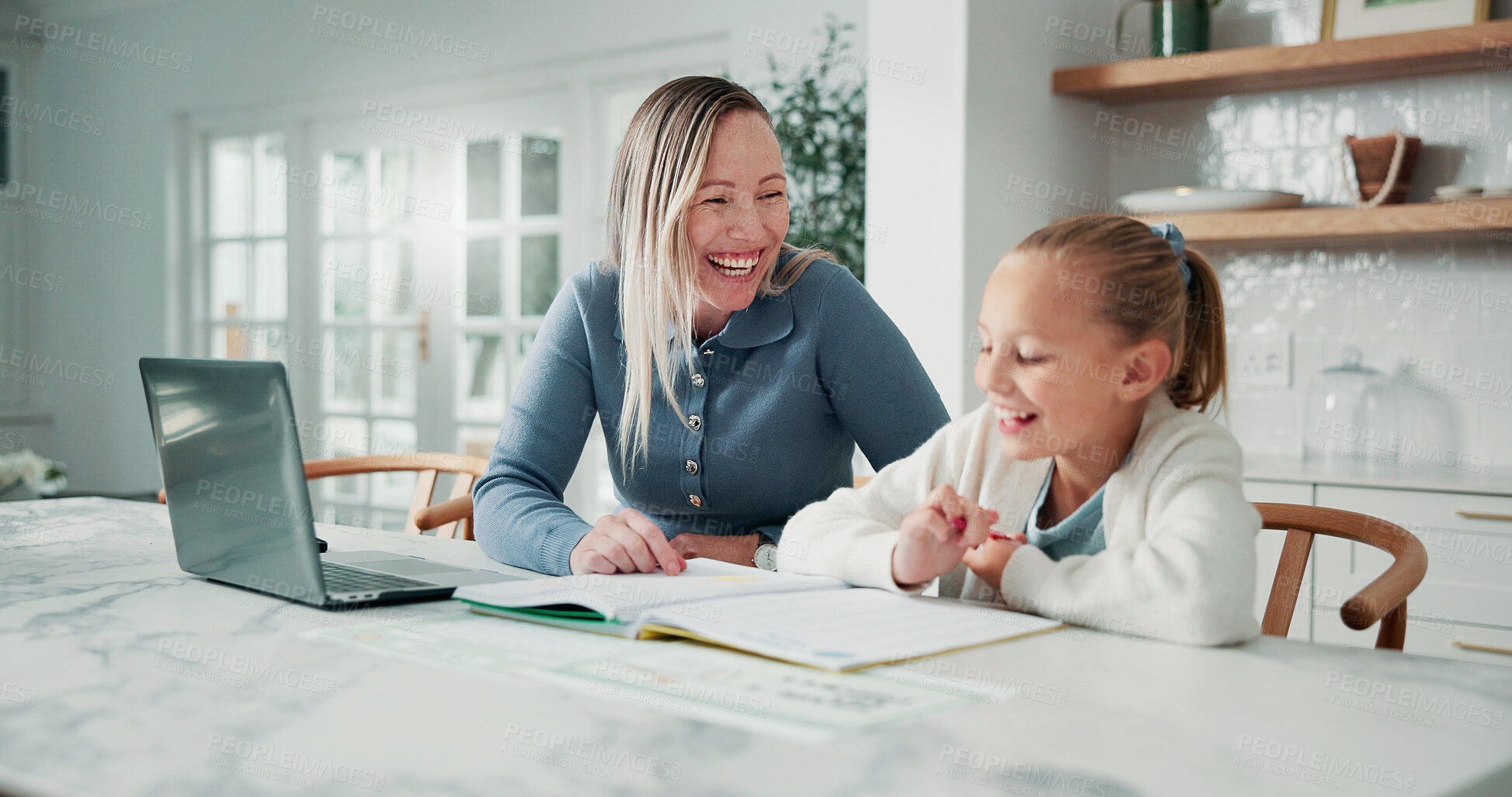 Buy stock photo Businesswoman, laughing and learning with girl in home dining room for education, help or remote work. Freelance, funny or homework with child and mother in apartment for development or study