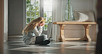 Girl, home or stress with sad victim for childhood trauma, bad news or loneliness on floor. Anxiety, kid or child with depression or covering eyes for fear, mental health or loneliness in house