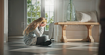 Buy stock photo Girl, home or stress with sad victim for childhood trauma, bad news or loneliness on floor. Anxiety, kid or child with depression, flare or covering eyes for fear, mental health or alone in house