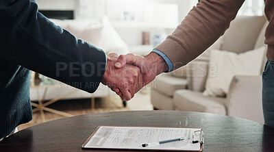 Buy stock photo Handshake, documents and business men in home for finance deal, negotiation or partnership. Contract, discussion and financial manager shaking hands with client for investment proposal in house.
