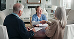 Consultation, nurse and handshake with old couple in home for homecare agreement, contract or happy. Form, caregiver or shaking hands with senior people for hospice program, consent or long term care