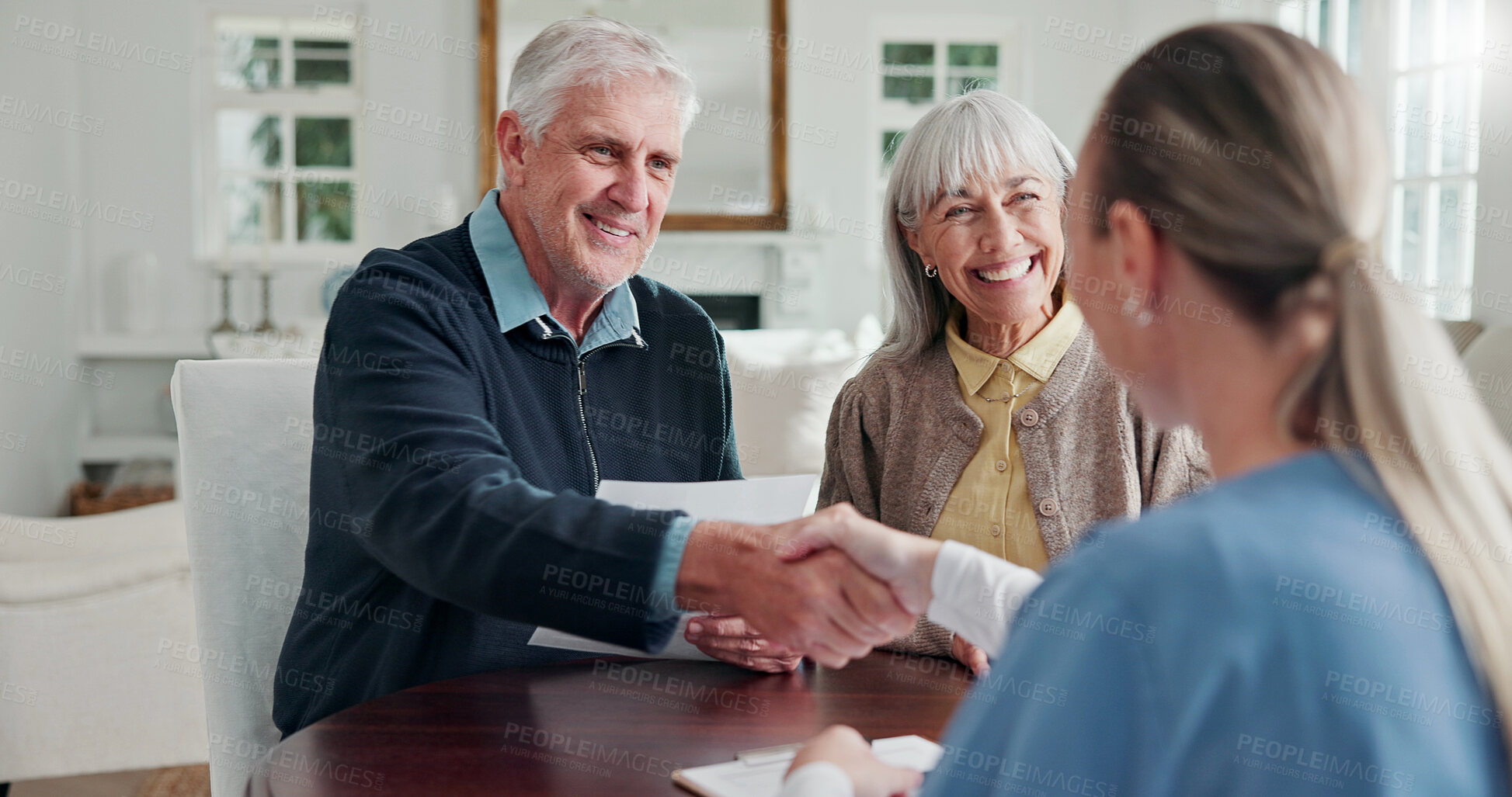 Buy stock photo Senior, people or handshake with nurse for homecare admission form, enrollment plan or happy. Consulting, caregiver or shaking hands with pensioner for medicare application, consent or long term care