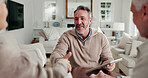 Tablet, agent and old couple with handshake in home for policy agreement, approval or meeting. Tech, insurance broker and senior people shaking hands for asset protection, consent or long term care