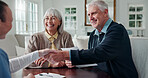 Paperwork, nurse or handshake with old couple in home for homecare agreement, contract or consent. Form, caregiver or shaking hands with senior people for retirement program, deal or long term care
