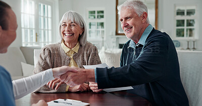 Buy stock photo Paperwork, nurse or handshake with old couple in home for homecare agreement, contract or consent. Form, caregiver or shaking hands with senior people for retirement program, deal or long term care