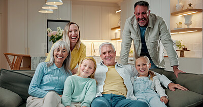 Buy stock photo Happy, relax and portrait of big family on sofa in home with bonding, love and care on weekend. Smile, calm and children with grandparents and parents in living room for connection together in house.