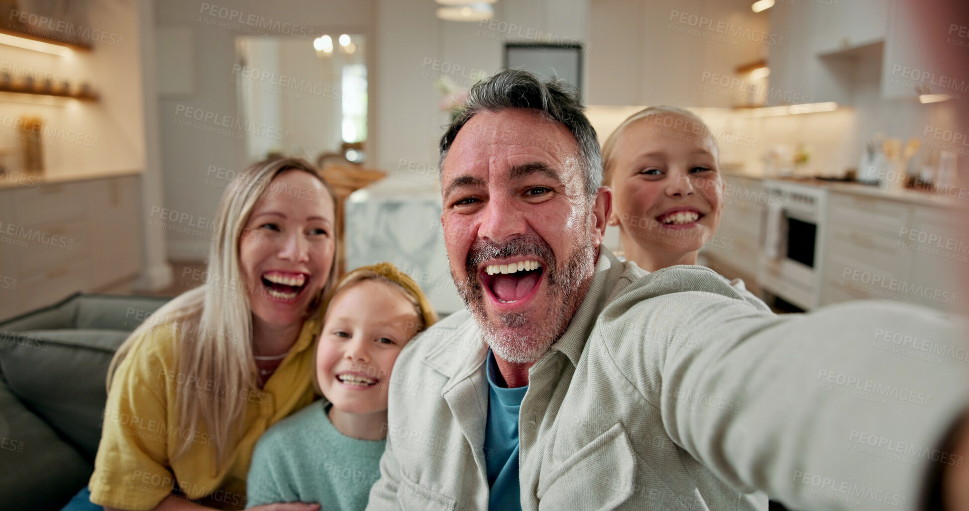Buy stock photo Happy, parents and selfie with children in home for bonding, memory or capture moment together. Dad, mom or kids with smile on sofa for family picture, photography or social media post in house