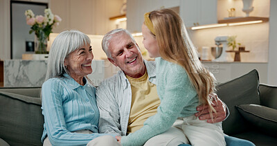 Buy stock photo Smile, grandparents and child on sofa with care, bonding together and support in loving relationship. Trust, family and grandchild in house with embrace, security and happy connection in childcare.