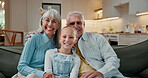 Portrait, grandparents and child on sofa with care, bonding together and support in loving relationship. Trust, family and grandchild in house with embrace, security and happy connection in childcare