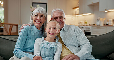 Buy stock photo Portrait, grandparents and child on sofa with care, bonding together and support in loving relationship. Trust, family and grandchild in house with embrace, security and happy connection in childcare