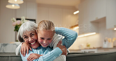 Buy stock photo Trust, grandmother and girl in home with hug, bonding together and support in childcare. Portrait, family and grandchild in house with embrace, security and happy connection in loving relationship.