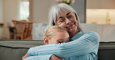 Buy stock photo Trust, grandmother and girl on couch with hug, bonding together and support in childcare. Comfort, family and grandchild in home with embrace, security and happy connection in loving relationship.
