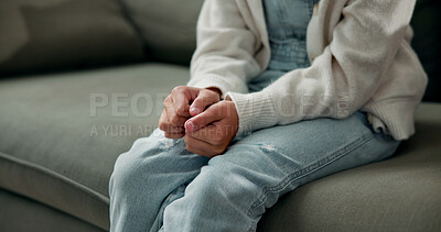 Buy stock photo Hands, child and fidget at house with anxiety, restless and emotional distress for mental health. Nervous, kid and coping mechanism with anticipation, psychological stress and panic attack with ptsd