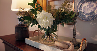 Buy stock photo Flower, decor and home with dressing table for interior design, floral or garden style. Empty, surface and tray with natural plant, light or ornaments for hospitality or furniture in luxury hotel.