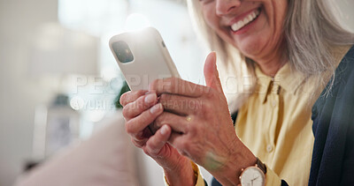 Buy stock photo Senior, hands or woman with phone in home for internet browsing, social media meme or notification. Happy, pensioner and mobile app in retirement for online scroll, funny text message and connection