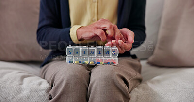 Buy stock photo Woman, hands and pills with container on sofa for home medication, prescription or daily dosage. Female person, patient or sorting tablets for weekly pharmaceuticals, medical diagnosis or treatment
