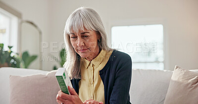 Buy stock photo Medical, check and old woman with medication, instruction advisory or review for recovery. Wellness, reading or elderly person with label, drug compliance or prescription dose in health safety.