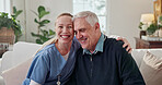 Happy, caregiver and old man in nursing home with hug, medical support or bonding together for wellness. Portrait, nurse smile and embrace in living room with senior person, healthcare and kindness.