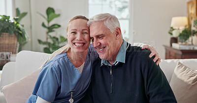 Buy stock photo Happy, caregiver and old man in nursing home with hug, medical support or bonding together for wellness. Portrait, nurse smile and embrace in living room with senior person, healthcare and kindness.