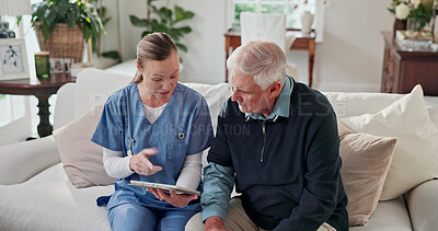 Buy stock photo Nurse, talking and senior man with tablet, online diagnosis and consulting for medical service. Home, healthcare and caregiver with elderly person on tech for support, wellness report and insurance