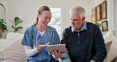 Buy stock photo Nurse, happy and senior man with tablet, online diagnosis and consulting for medical service. Home, healthcare and caregiver with elderly person on tech for support, wellness report and talking