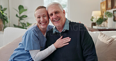 Buy stock photo Portrait, caregiver and old man in nursing home with hug, medical support or bonding together for wellness. Happy, nurse and embrace in retirement center with senior person, healthcare and kindness.