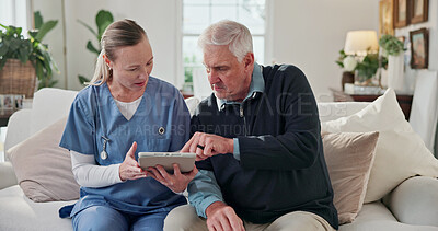 Buy stock photo Nurse, pointing and senior man with tablet, online diagnosis and consulting for medical service. Home, healthcare and caregiver with elderly person on tech for support, wellness report and treatment