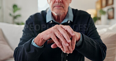 Buy stock photo Home, hands and senior man with cane for melancholy, regret and thinking for health diagnosis. Retirement, sofa and person with depression and walking stick for reflection, thoughtful and memory