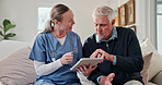Nurse, pointing and old man in home with tablet, online diagnosis and consulting for medical service. Happy, healthcare and caregiver with senior person on tech for support, wellness report and help
