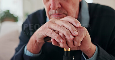 Buy stock photo Hands, thinking and senior man with cane for melancholy, regret and upset for health diagnosis. Retirement, home and person with depression, unhappy and bad news for reflection, thoughtful and memory