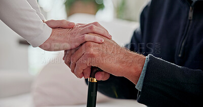 Buy stock photo Hands, caregiver and comfort old person with walking stick, support and empathy for recovery. Nurse, console or senior patient with disability, assisted living and sympathy for rehabilitation in home
