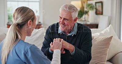 Buy stock photo Caregiver, comfort and old man at house with walking stick, support and empathy for recovery. Smile, nurse and consoling senior person with disability, assisted living and sympathy for rehabilitation
