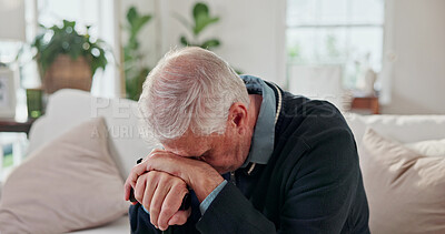 Buy stock photo Sad, thinking and senior man with cane for melancholy, regret and upset for health diagnosis. Retirement, home and person with depression, unhappy and bad news for reflection, thoughtful and memory