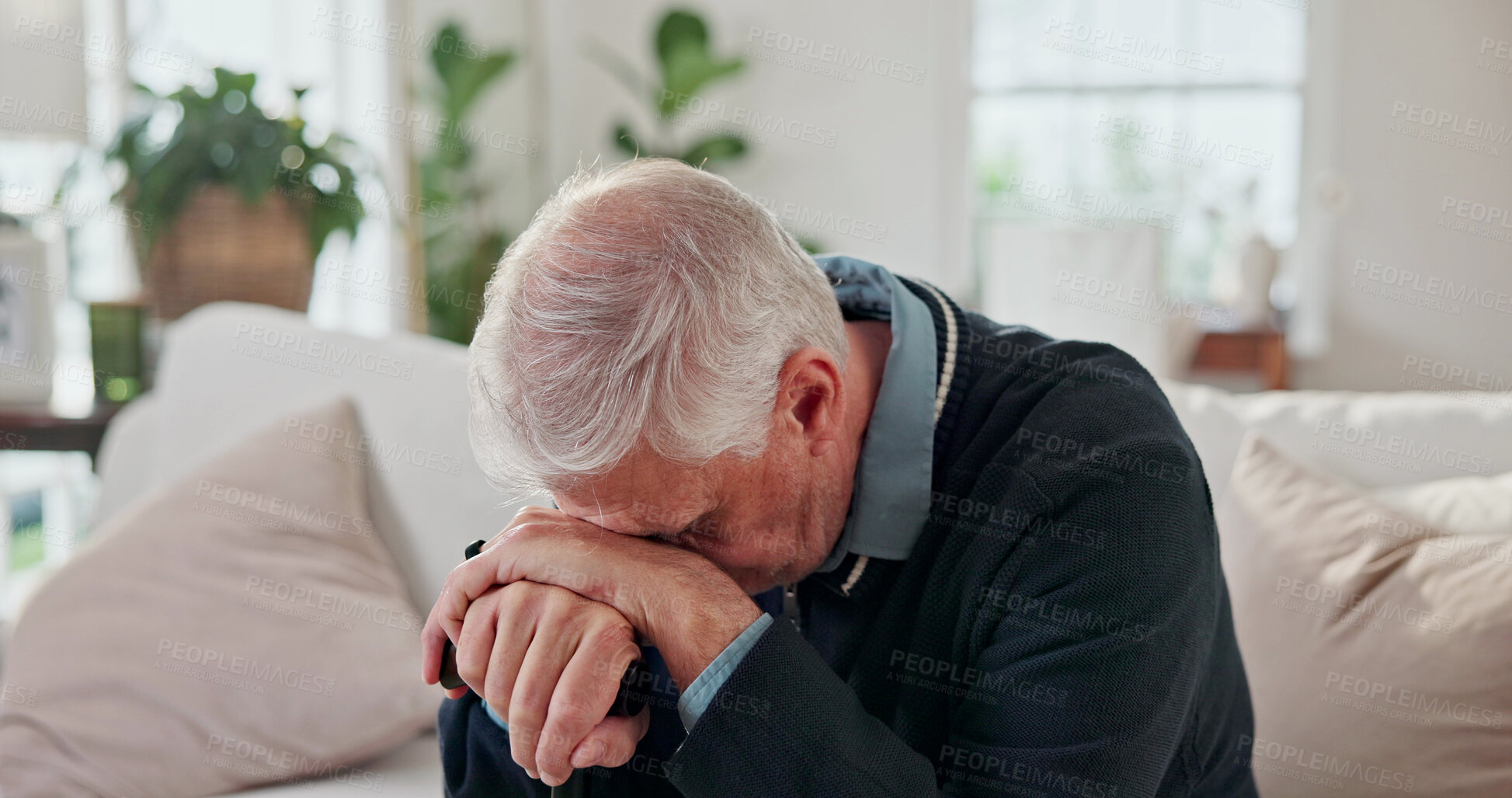 Buy stock photo Sad, thinking and senior man with cane for melancholy, regret and upset for health diagnosis. Retirement, home and person with depression, unhappy and bad news for reflection, thoughtful and memory