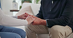 Senior, nurse or holding hands with empathy for medical aid, help or assistance in nursing home. Elderly, patient or healthcare worker with sympathy or understanding for health consultation or advice