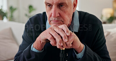 Buy stock photo Sad, thinking and elderly man with cane for melancholy, regret and upset for health diagnosis. Retirement, home and person with depression, unhappy and bad news for reflection, thoughtful and memory