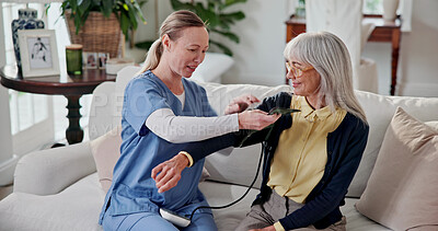 Buy stock photo Doctor, consultation and old woman in home with blood pressure machine, healthcare and assistance. Senior person, general practitioner and tech in house visit for medical screening, checkup and help.