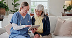 Nurse, discussion and old woman in retirement home with tablet, support and feedback for wellness. Caregiver, talk and senior person on sofa with tech, healthcare assistance and advice for checkup.