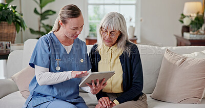 Buy stock photo Nurse, discussion and old woman in retirement home with tablet, support and feedback for wellness. Caregiver, talk and senior person on sofa with tech, healthcare assistance and advice for checkup.